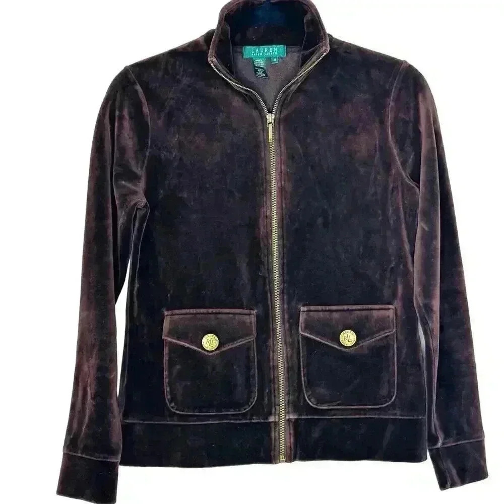 VTG Lauren Ralph Lauren Womens Sz XS Brown Velour Jacket Full Zip Snap Pockets